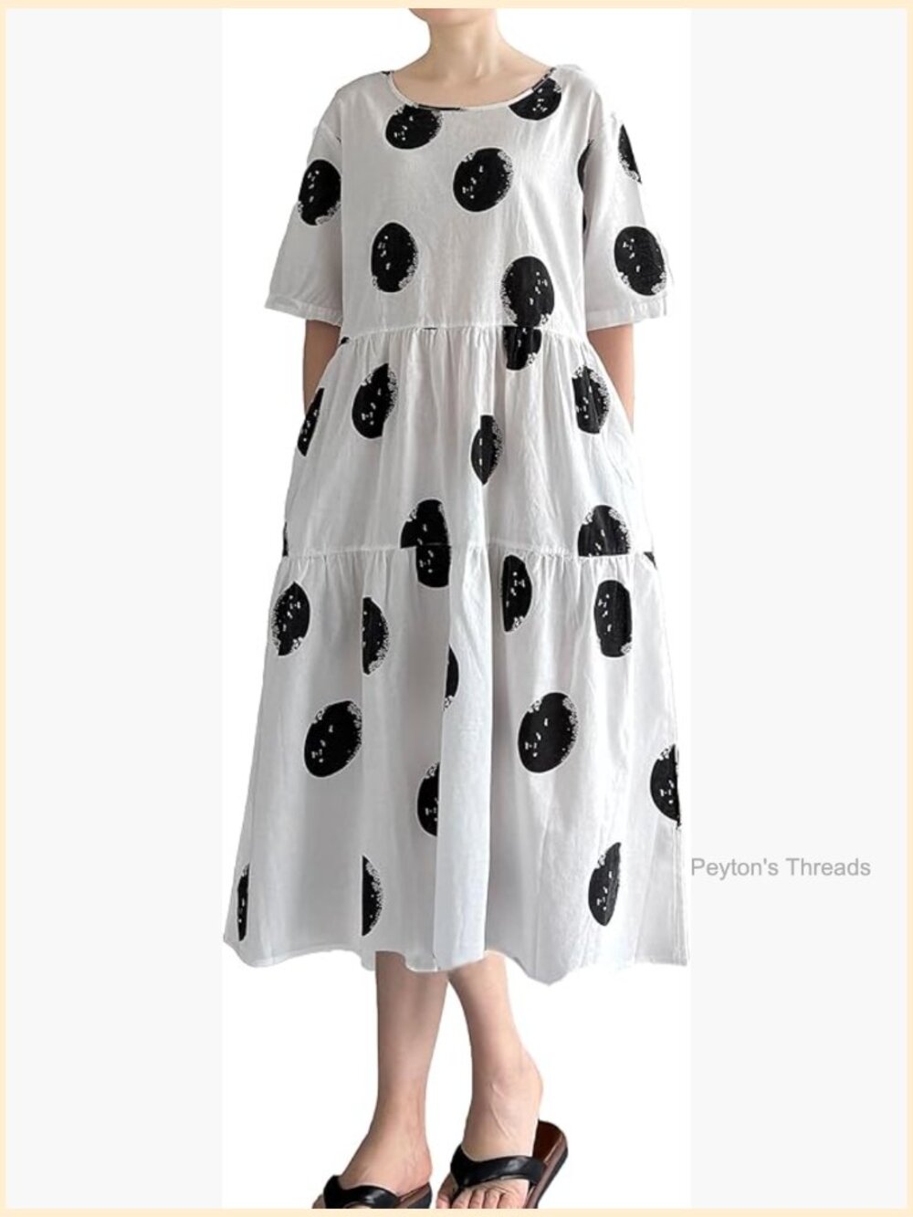 Cotton Linen Midi Dress with Pockets Short Sleeve A-Line Boho